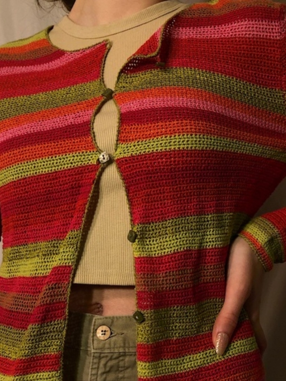 1990s Y2K Handknit Crochet Boho Maximalist Striped Spring Cardigan Size 2X